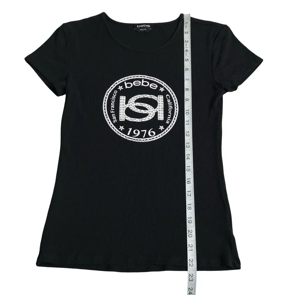 Bebe Top Womens M Black McBling Rhinestone Y2K Logo Stretch Ribbed Short Sleeve - Picture 9 of 10